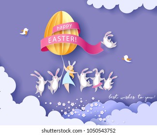 Happy Easter card with bunny, girl, flowers and egg air balloon on purple sky background. Vector illustration. Paper cut and craft style.