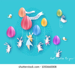 Happy Easter card with bunny, girl, flowers and egg air balloon on blue sky background. Vector illustration. Paper cut and craft style.