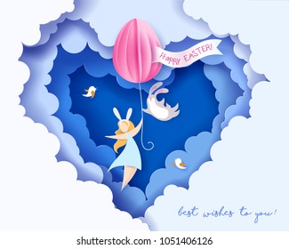 Happy Easter card with bunny, girl and egg air balloon on purple sky background. Vector illustration. Paper cut and craft style.