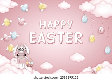 Happy Easter card, Bunny girl in glasses and dress holds a basket of Easter eggs and ribbons tied to flying Easter eggs with wings on pink backgraund with clouds and easter eggs