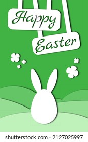 Happy easter card with bunny. Greeting Card in paper cutout style. Vector illustration in green color