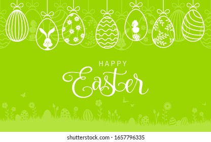 Happy easter card with easter bunny and hanging easter eggs background