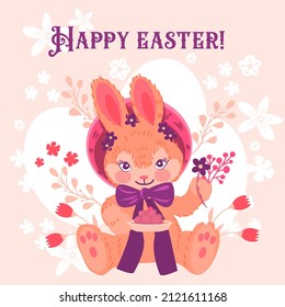 Happy Easter card with bunny in a hat with ribbon and flowers. Perfect for holiday greetings and gifts.