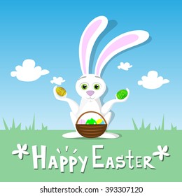 Happy Easter Card Bunny Hold Eggs Basket Spring Landscape Green Grass Rabbit Blue Sky Vector Illustration