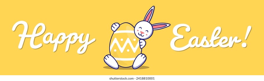 Frohe Osterkarte mit Osterhasen, die auf Ei-Hintergrund gehalten wird. Osterhase, Osterhase. 