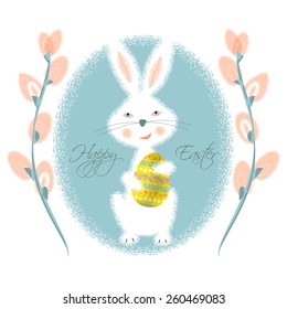 Happy Easter card. Bunny holding Easter egg. Vector illustration