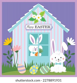 Happy easter card with bunny and the house