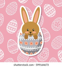 happy easter card with bunny icon over pink background. colorful design. vector illustration