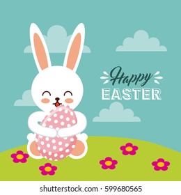 happy easter card with bunny icon over blue background. colorful design. vector illustration