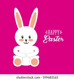 happy easter card with bunny icon over pink background. colorful design. vector illustration