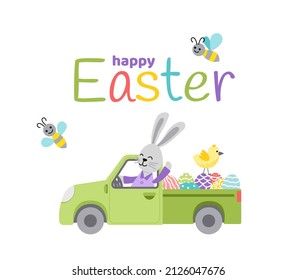 Feliz tarjeta de Pascua. Conejo en recogida con huevos de Pascua y polluelo. Conejo en vagón verde. Plano, caricatura, colorido. Ilustración aislada del material vectorial eps 10 en blanco