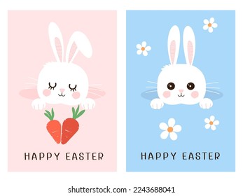 Happy Easter card with bunny rabbit in the hole cartoons with carrot, daisy flower and hand written fonts on pink and blue backgrounds vector illustration.