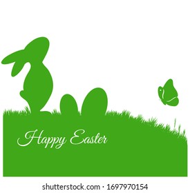 Happy Easter card with bunny silhouette on grass and eggs vector illustration flat style. Easter background for design