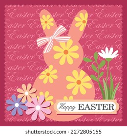 Happy easter card with bunny silhouette and flower