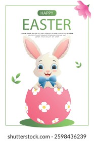 Happy Easter card with a bunny sitting inside a decorated Easter egg. Holiday Easter. Vector illustration for greeting card, banner, promo, sale, advertising.