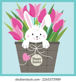 Happy easter card with bunny and tulips in the basket