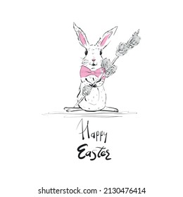 Happy Easter card. Easter bunny with willow branch. Sketch