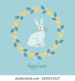 Happy easter card with easter bunny in willow wreath, flowers and painted eggs. Cute vintage art style rabbit with spring flower decoration. Hand drawn floral ornament. Vector illustration