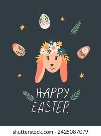 Happy Easter card with bunny in wreath, lettering, flowers and easter eggs. Cute vector illustration for advent, greeting card, banner, t shirt, print, decoration and more. 