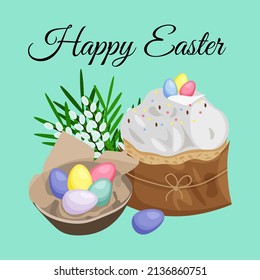 Happy Easter card. Easter cake, a dish with colored eggs and willow twigs. Easter treats. Vector illustration in flat cartoon style