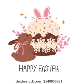 Happy Easter card with easter cake, Holiday card with bunny. Easter greeting card with flowers and eggs. Cute Easter cardt. Spring collection of animals, flowers and decorations. For poster, card
