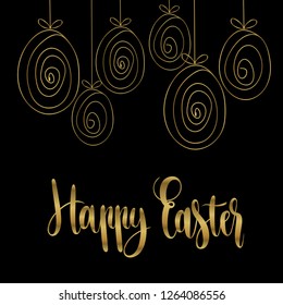 Happy Easter card with calligraphic lettering and golden eggs, holiday poster.Vector illustration.For ad,promotion,poster,flyer,web-banner, invitation,cover,wallpaper,card,template.