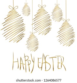 Happy Easter card with calligraphic lettering and golden eggs, holiday poster.Vector illustration.For ad,promotion,poster,flyer,web-banner, invitation,cover,wallpaper,card,template.