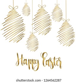 Happy Easter card with calligraphic lettering and golden eggs, holiday poster.Vector illustration.For ad,promotion,poster,flyer,web-banner, invitation,cover,wallpaper,card,template.