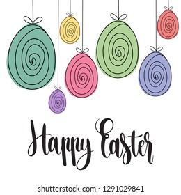 Happy Easter card with calligraphic lettering and colorful eggs, holiday poster. Vector illustration.For ad, promotion, poster, flyer, web-banner, invitation,cover, wallpaper, card, template.Hand drawn.