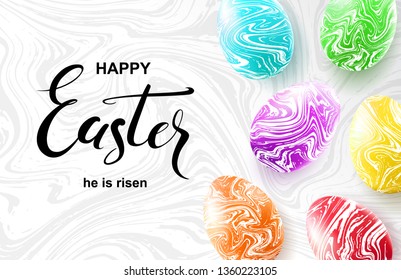 Happy Easter card with calligraphy and colorful marble eggs.