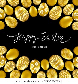 Happy Easter card with calligraphy and gold eggs. Vector illustration.