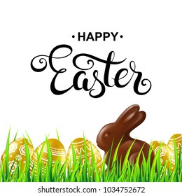Happy Easter card with calligraphy, gold eggs, grass and chocolate bunny. Vector illustration.