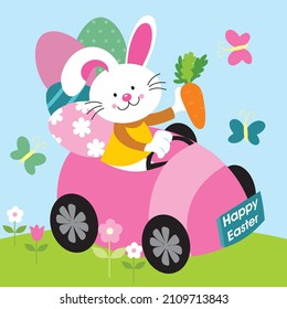 Happy easter card with car, rabbit, eggs and carrot