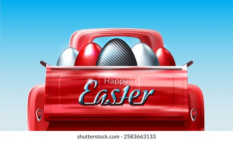 Happy Easter. Easter card in car style. Painted egg. Shiny chrome logo. Chrome, carbon eggs in a red classic pickup truck. Greeting card for spare parts suppliers, car dealers, custom. Vector