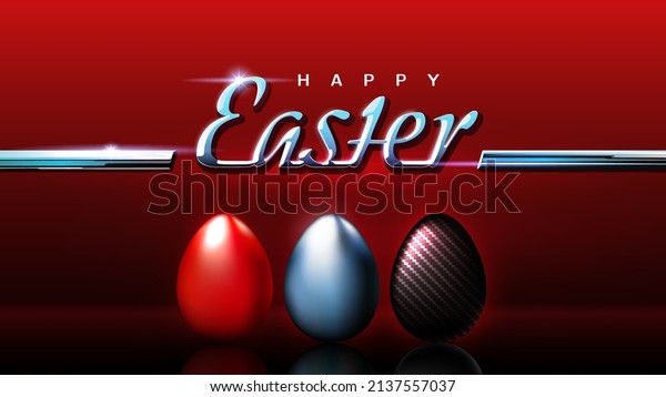 Happy Easter. Easter card in car style. Shiny\
chrome logo. Painted egg. Chrome, carbon eggs on background a red\
car body. Auto theme. Greeting card for spare parts suppliers,\
dealers, custom. Vector