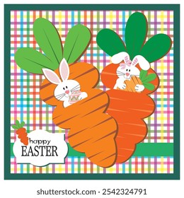 Happy Easter card with carrots and rabbits