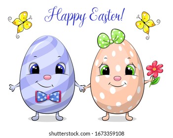 Happy Easter card. Cartoon cute easter eggs with butterflies and text isolated on white.