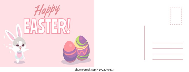 Happy easter card. Cartoon cute bunny and holiday colored eggs, spring greeting or invitation postcard, rabbit traditional symbol, minimal design letter template vector illustration with copy space