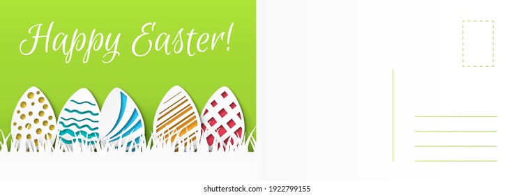 Happy easter card. Cartoon holiday colored eggs, paper cut minimal design, spring greeting or invitation postcard, painted egg traditional symbol, letter template vector illustration with copy space