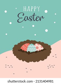 happy easter card of cartoon nest with eggs, vector illustration in flat style