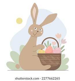 Happy Easter card with a cartoon rabbit. Funny bunny with a basket of eggs and flowers.