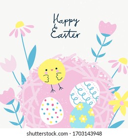 Happy Easter card in cartoon style with a cute character. Holiday greetings from a little chick in a nest with painted eggs surrounded by flowers. Vector illustration. Elements are isolated.