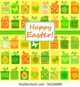 Happy Easter Card. Celebration background with Easter gift boxes. Seamless pattern. vector illustration