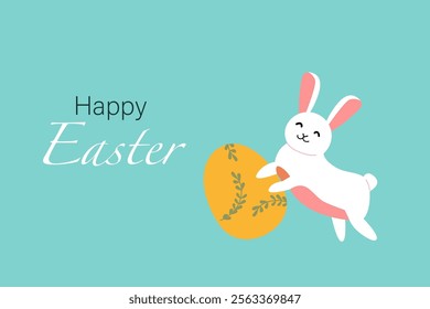 Happy easter card with cheerful cartoon bunny and decorative egg design.