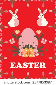 Happy Easter Card: A cheerful Easter greeting card features two adorable bunnies flanking a pastel pink Easter egg nestled amongst blooming flowers, all set against a vibrant red background.