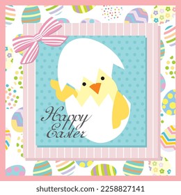 Happy easter card with chick in the eggs shell