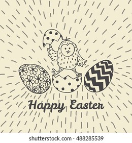 Happy Easter card with chick and eggs. Vector illustration of Easter ornamental card with chick on beige background.