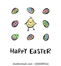 Happy Easter card with chick and eggs.Vector illustration.
