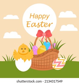 Feliz tarjeta de Pascua. Cacerolas de polluelos de un huevo colorido en una cesta. Tradiciones y feriados religiosos internacionales en la temporada de primavera. Afiche o cartel para el sitio web. Dibujo vectorial plano de dibujos animados