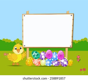 Happy Easter card with chick nearby wood board                